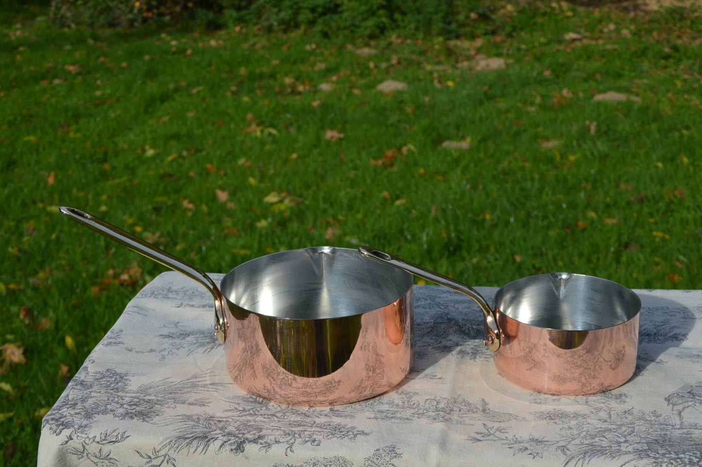 Two Copper Saucepans With Pouring Lips New Hand Wiped Tin 12cm and 16cm Bronze Handles Copper Rivets Superb Chef Pair