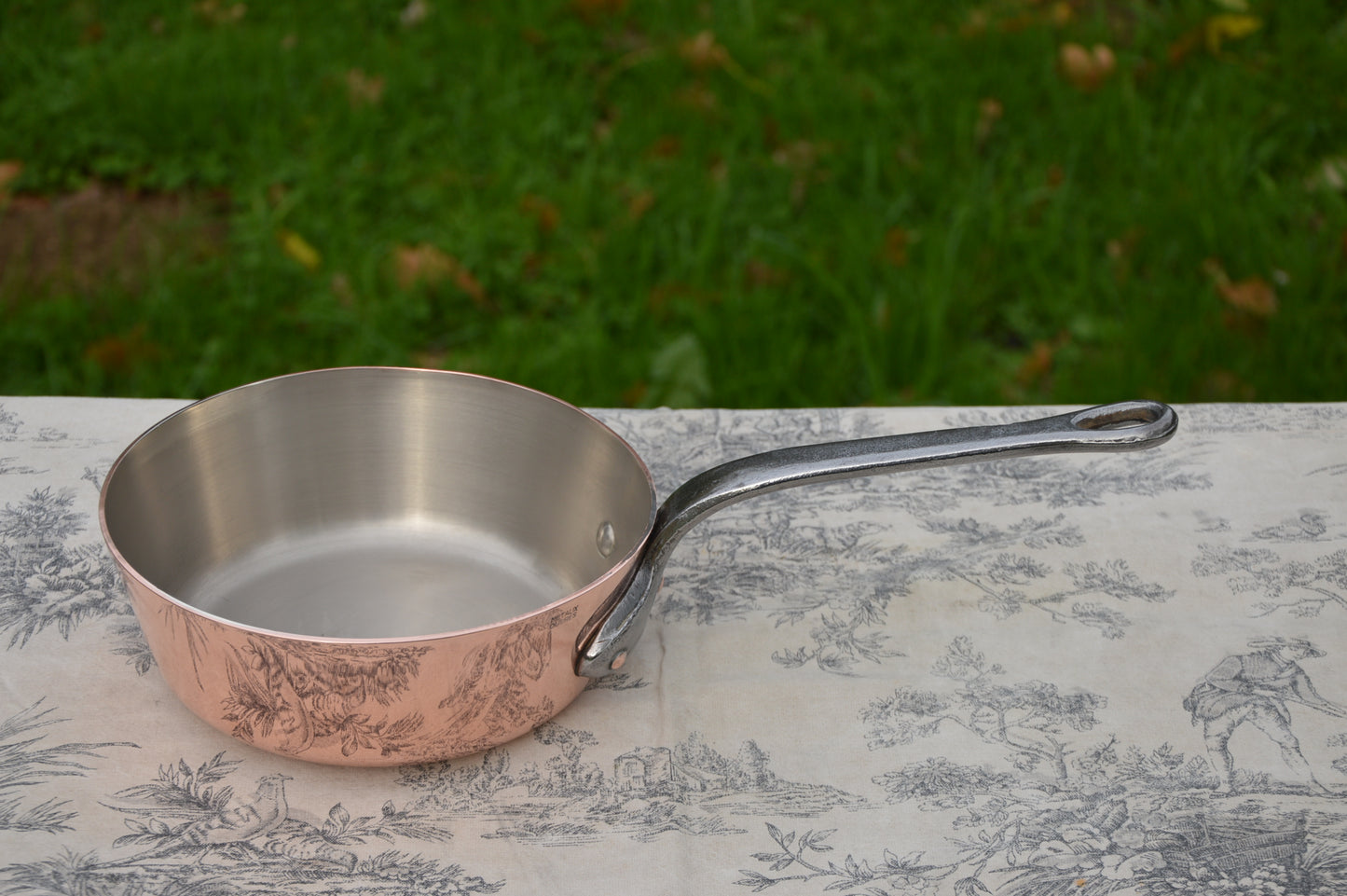 Vintage French Copper Sauté Sauteuse Evasee Pan: Nickel Lined, Cast Iron Handle