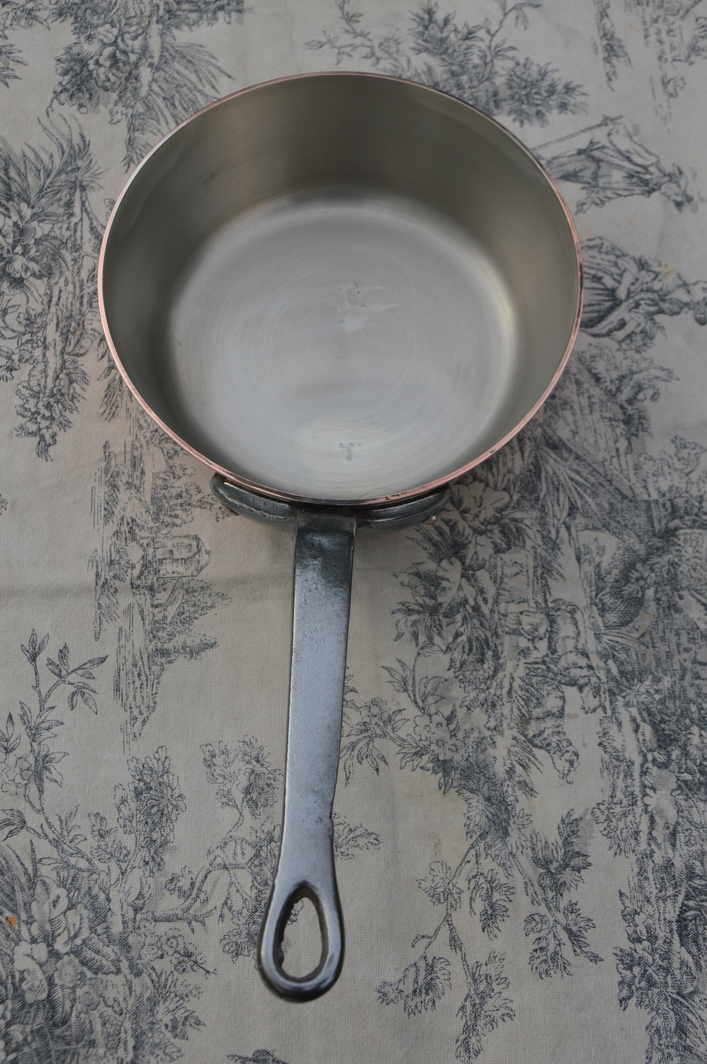 Vintage French Copper Sauté Sauteuse Evasee Pan: Nickel Lined, Cast Iron Handle