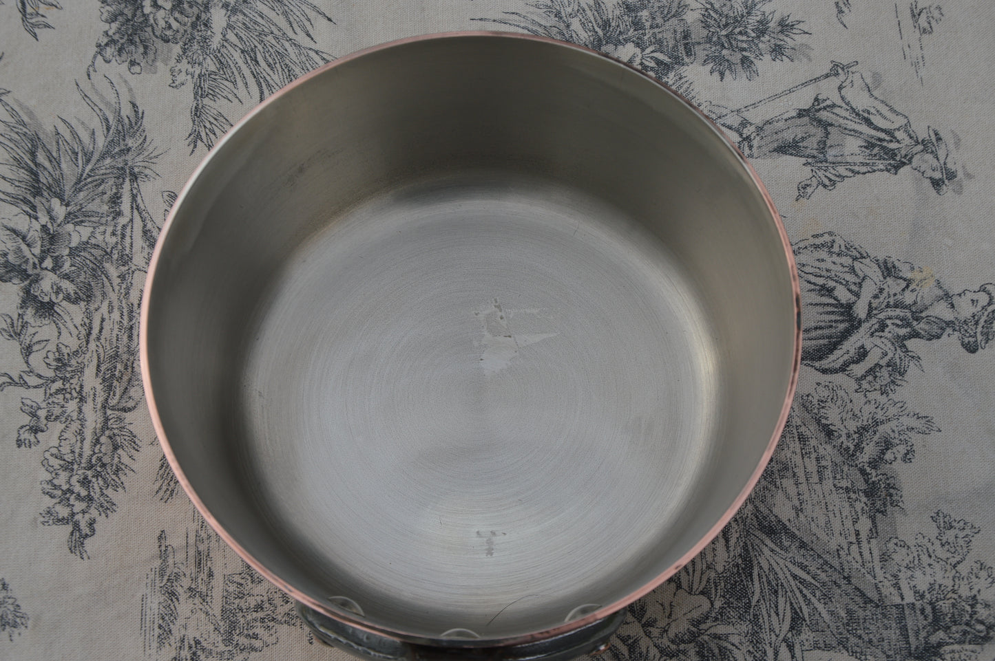 Vintage French Copper Sauté Sauteuse Evasee Pan: Nickel Lined, Cast Iron Handle