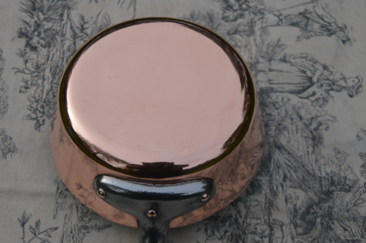 Vintage French Copper Sauté Sauteuse Evasee Pan: Nickel Lined, Cast Iron Handle