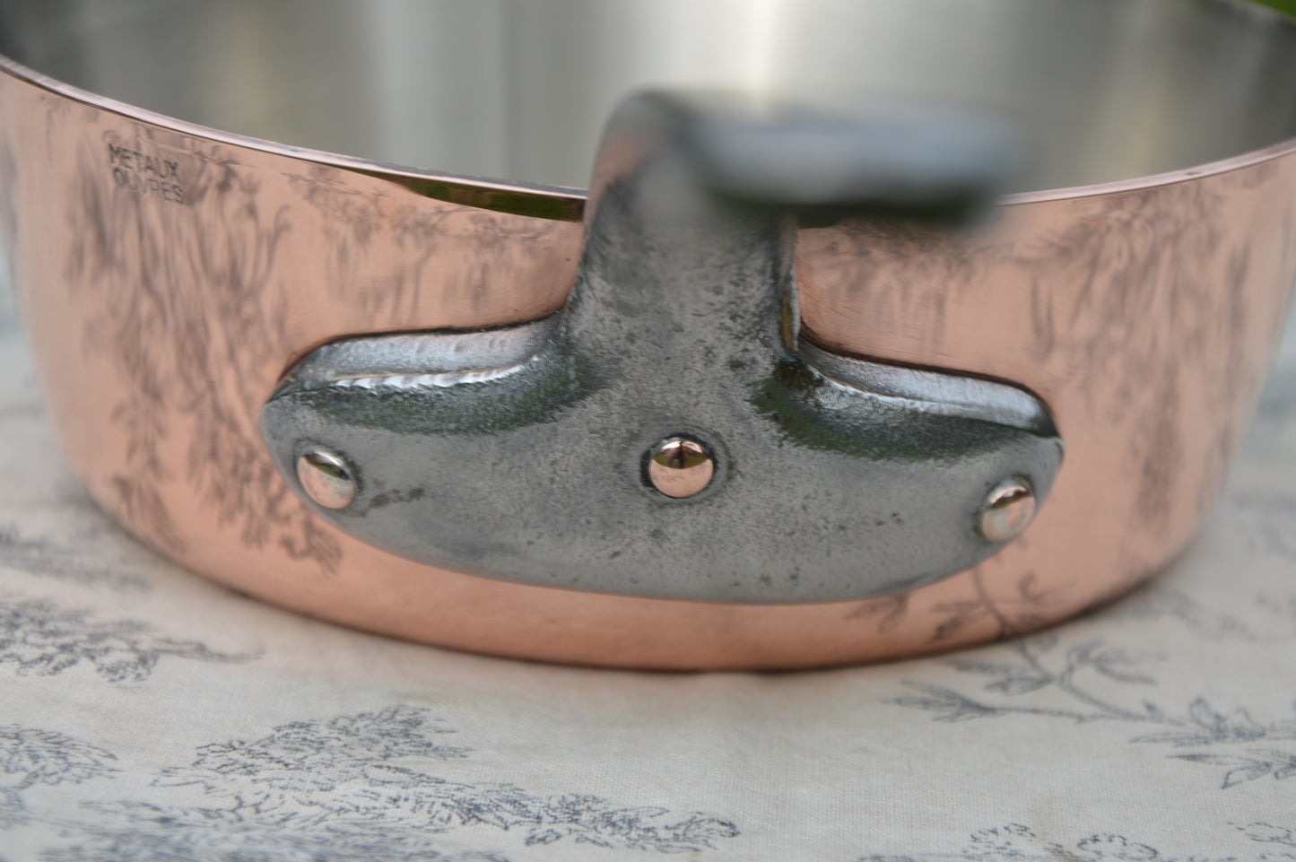 Vintage French Copper Sauté Sauteuse Evasee Pan: Nickel Lined, Cast Iron Handle