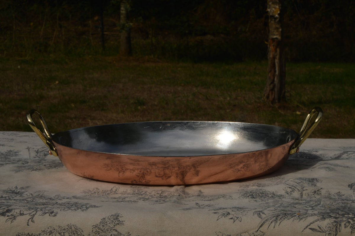 Antique Copper 26cm 10 1/4" Gratin Pan French Vintage Copper New Artisan Tin Roasting Dish Oval Oven Bronze Handles Stamped Made in France