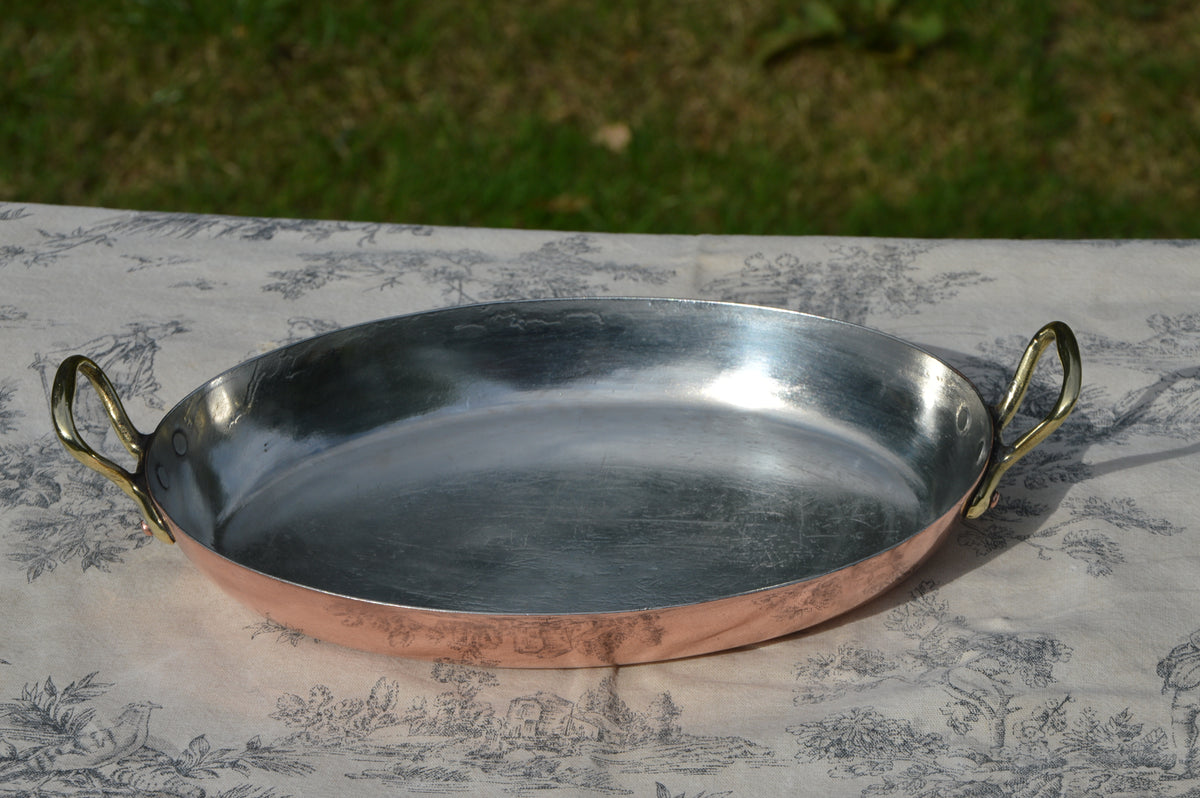 Antique Copper 26cm 10 1/4" Gratin Pan French Vintage Copper New Artisan Tin Roasting Dish Oval Oven Bronze Handles Stamped Made in France