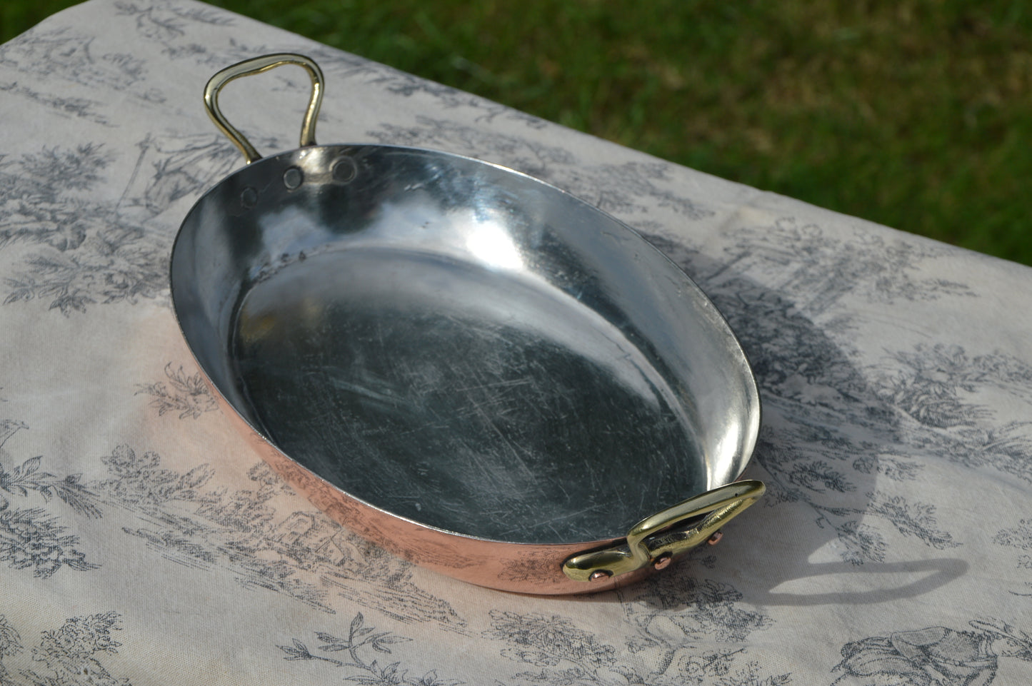 Antique Copper 26cm 10 1/4" Gratin Pan French Vintage Copper New Artisan Tin Roasting Dish Oval Oven Bronze Handles Stamped Made in France