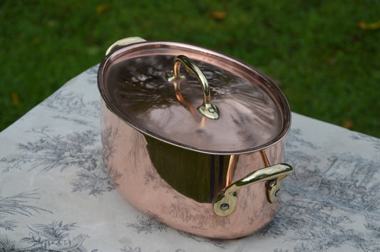 Vintage French Faymont Copper Casserole Pan, Stainless Steel Lined, Bronze Handles 24cm 9 1/2"