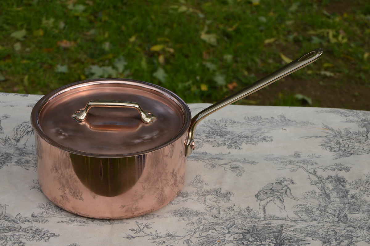 Vintage Copper Pan 18cm 7" French Professional Pot Saucepan New Atelier du Cuivre Tin 1.8mm Bronze Handle Edge Dent and Lid