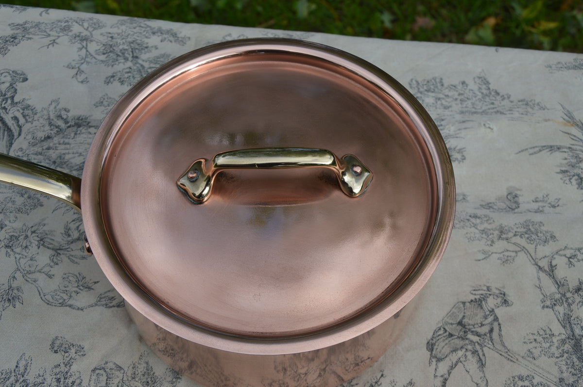 Vintage Copper Pan 18cm 7" French Professional Pot Saucepan New Atelier du Cuivre Tin 1.8mm Bronze Handle Edge Dent and Lid