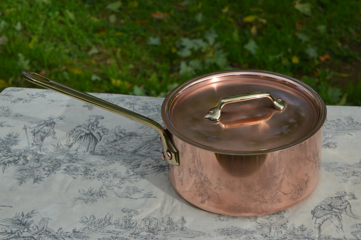 Vintage Copper Pan 18cm 7" French Professional Pot Saucepan New Atelier du Cuivre Tin 1.8mm Bronze Handle Edge Dent and Lid