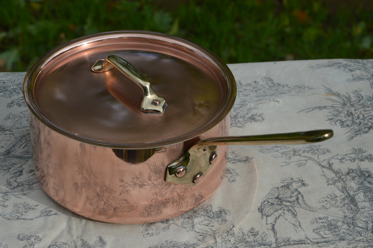 Vintage Copper Pan 18cm 7" French Professional Pot Saucepan New Atelier du Cuivre Tin 1.8mm Bronze Handle Edge Dent and Lid