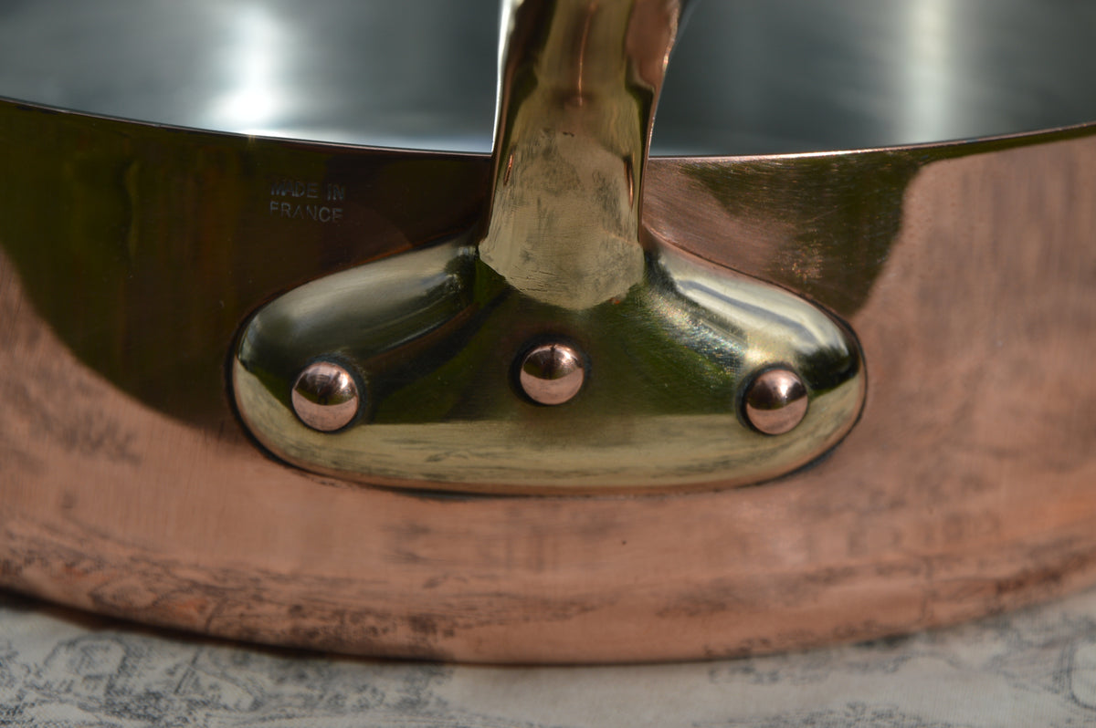 Made in France Saute Fry Skillet Pan 24cm 9 1/2" Made in France Stamped Vintage French Copper Pot Bronze Handle 3 Copper Rivets 1.7mm