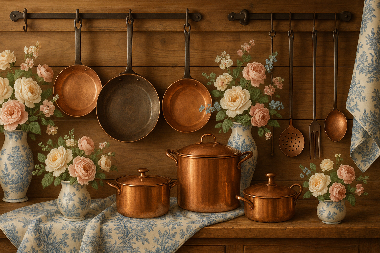 French kitchen banner with flowers, Toile de Jouy fabric, and copper pans