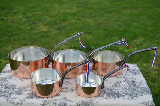 New NKC Copper Pans New Set Graduated 12cm-20cm Tin Lined Copper Saucepans Iron Handles Steel Rivets NKC New Copper Set of Perfect 1mm Pans