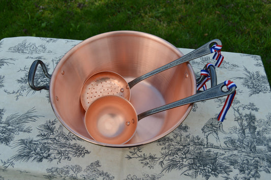 New NKC 28cm Copper Jam Pan Set Ecumoire and Louche NKC Normandy Kitchen Copper Jam Jelly 28cm 11" Rolled Top Iron Handles Skimmer Ladle