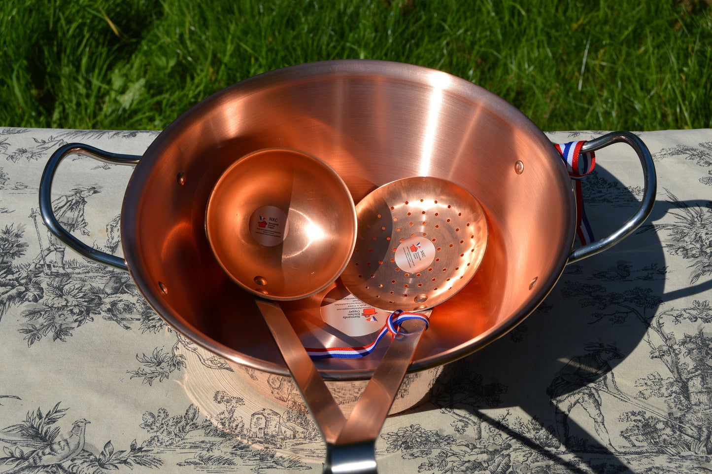 New NKC 28 cm Copper Jam Pan + Ladle + Ecumoire Skimmer Normandy Kitchen Copper Jam Jelly Pan 11" Rolled Top Stainless Steel Handles 28cm
