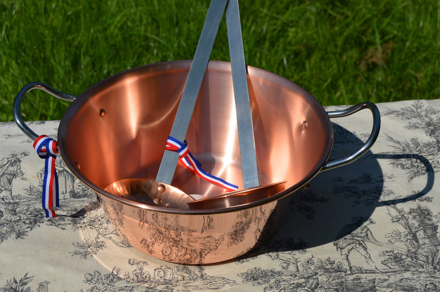 New NKC 28 cm Copper Jam Pan + Ladle + Ecumoire Skimmer Normandy Kitchen Copper Jam Jelly Pan 11" Rolled Top Stainless Steel Handles 28cm