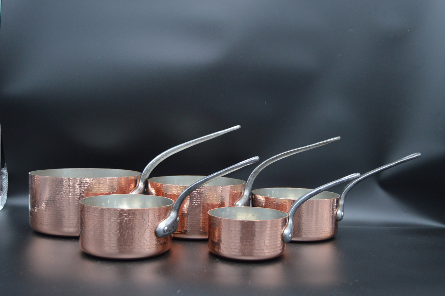 Copper Hammered Pans Five Vintage French 1.8-1.9mm Tin Lined Iron Handles 6.61 Kilos 14lbs 9.3 ozs High Quality Pots Normandy Kitchen