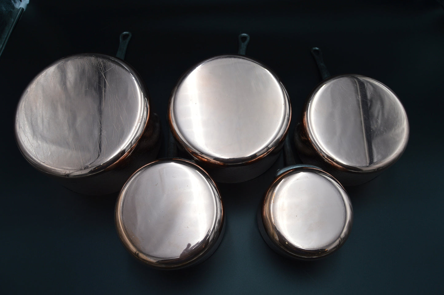 Copper Hammered Pans Five Vintage French 1.8-1.9mm Tin Lined Iron Handles 6.61 Kilos 14lbs 9.3 ozs High Quality Pots Normandy Kitchen