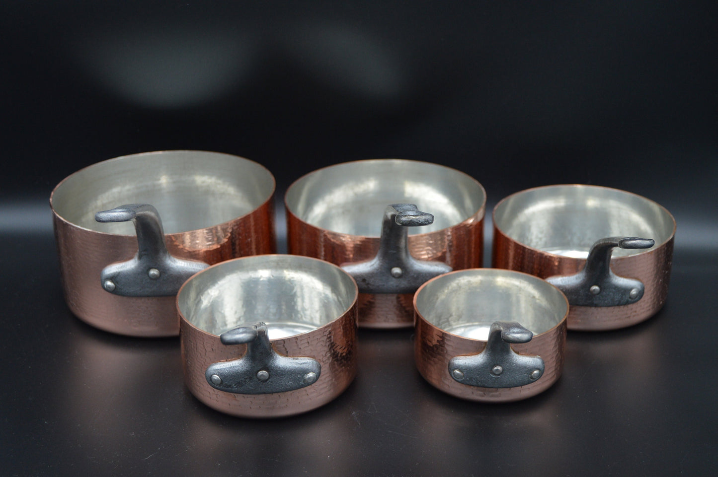 Copper Hammered Pans Five Vintage French 1.8-1.9mm Tin Lined Iron Handles 6.61 Kilos 14lbs 9.3 ozs High Quality Pots Normandy Kitchen