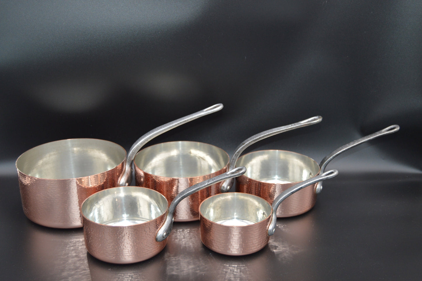 Antique French Copper Pans: Hammered Tin-Lined Pots, Set of 5