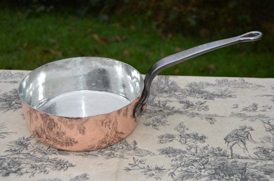 Antique French Copper Old Sauteuse Evasee Pan: New Villedieu Tin Lining, Cast Iron Handle