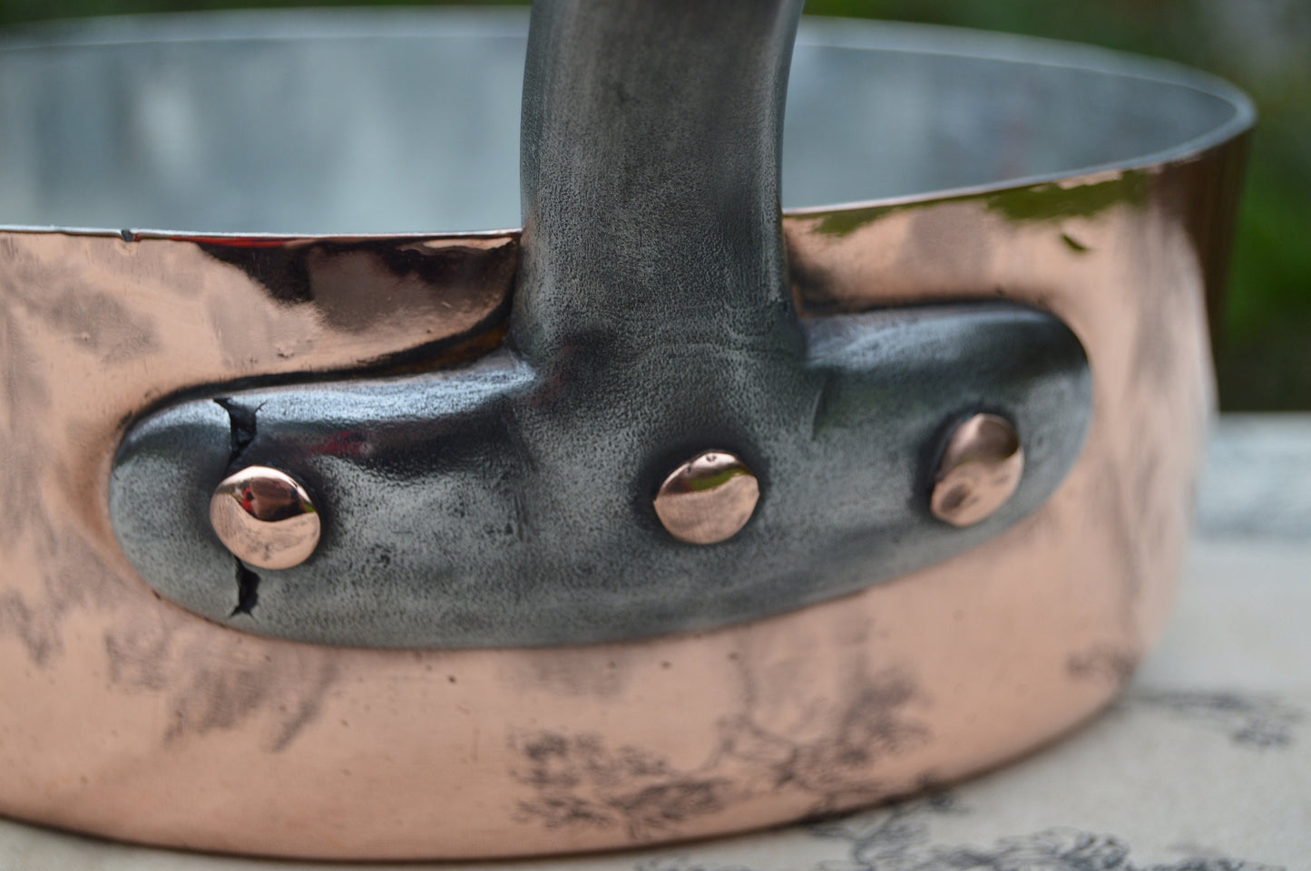 Antique French Copper Old Sauteuse Evasee Pan: New Villedieu Tin Lining, Cast Iron Handle