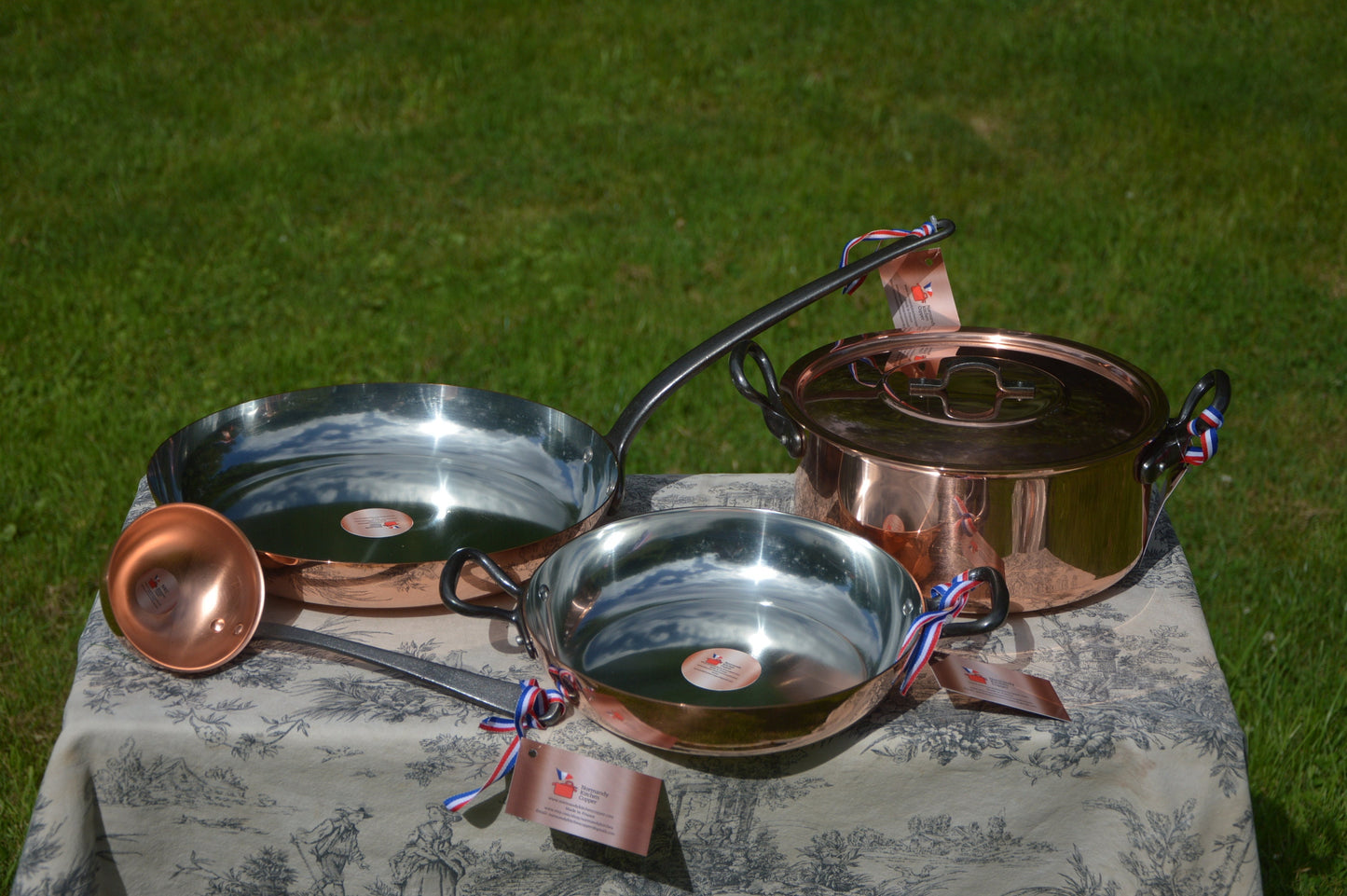 NKC Chefs Set New NKC 24 cm Copper Casserole 24cm Au Gratin Oven Pan 32cm Big Fry Pan NKC Ladle Iron Handles from Normandy Kitchen Copper