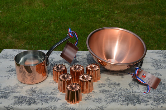 New NKC Caneles Baking Set Set Three Patissier New NKC 20cm Solid Copper Bowl + Patissier Pan + Six 5.5 cm Canneles Normandy Kitchen Copper