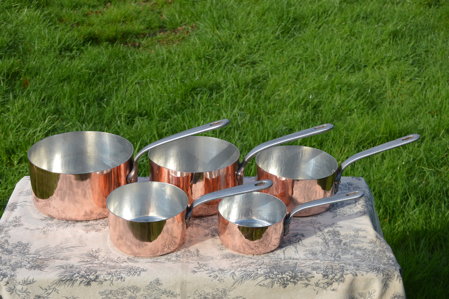 A La Menagere Set Five Copper Saucepans New Tin Antique French Professional Hand Raised Pots 1.2-1.6mm Forged Iron Handle  by NKC