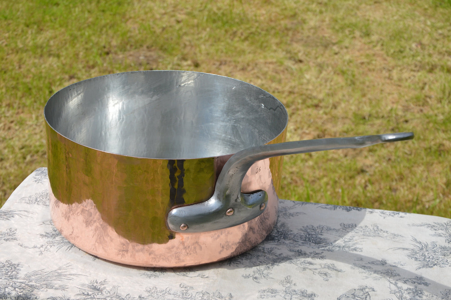 Antique French Copper Saucepan: 36cm Re-Tinned Pot with Cast Iron Handle