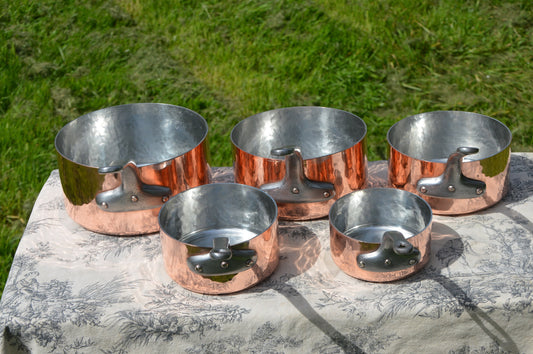 Poêles en cuivre Nouveau Artisan Tin vintage Cinq Français Cuivre 1.7-2mm Poêles Cuivre Rivets Poignées en Fonte Normandie Cuisine Cuivre