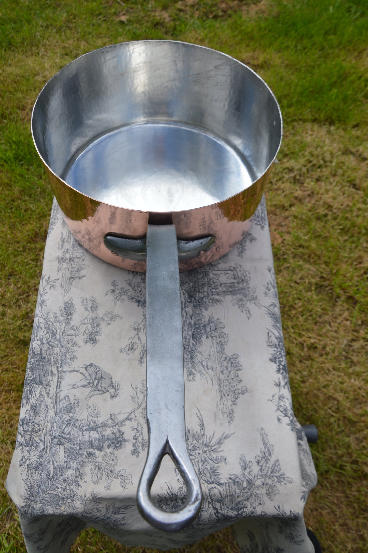 Antique French Copper Saucepan: 36cm Re-Tinned Pot with Cast Iron Handle