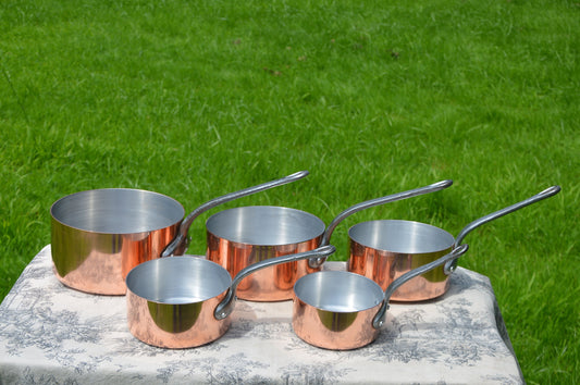 Copper Pans 1.7-2mm Five Vintage Aluminium Lined 12cm-20cm French Copper Pans 5.9 Kilos 13lbs 2.4 ozs Quality Copper with Aluminum Linings