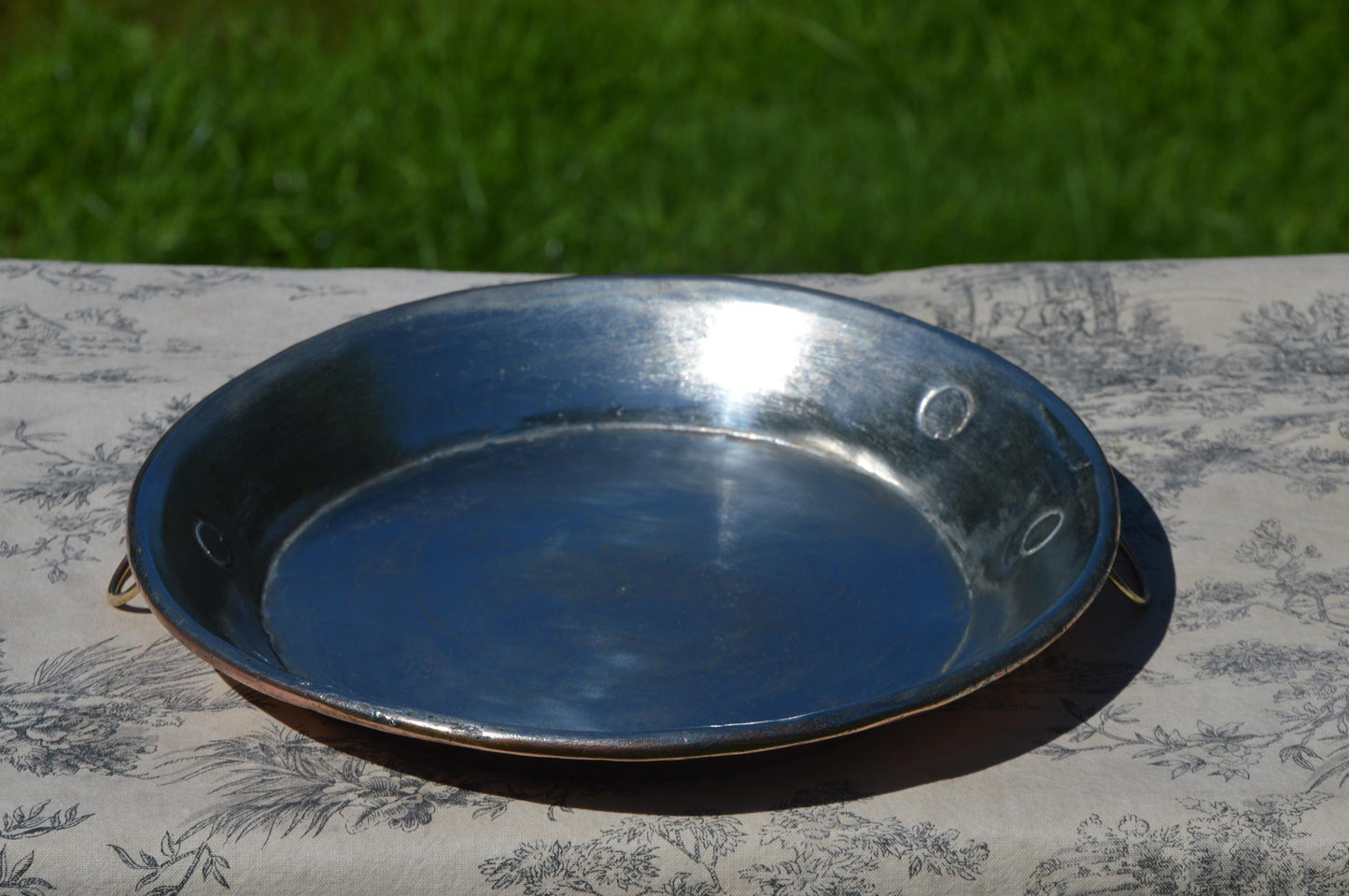 Antique Copper Gratin Oven Dish Pie Plate Tourtiere French Round New Artisan Hand Wiped Tin - Proper Antique Pan New Handles Old Rivets