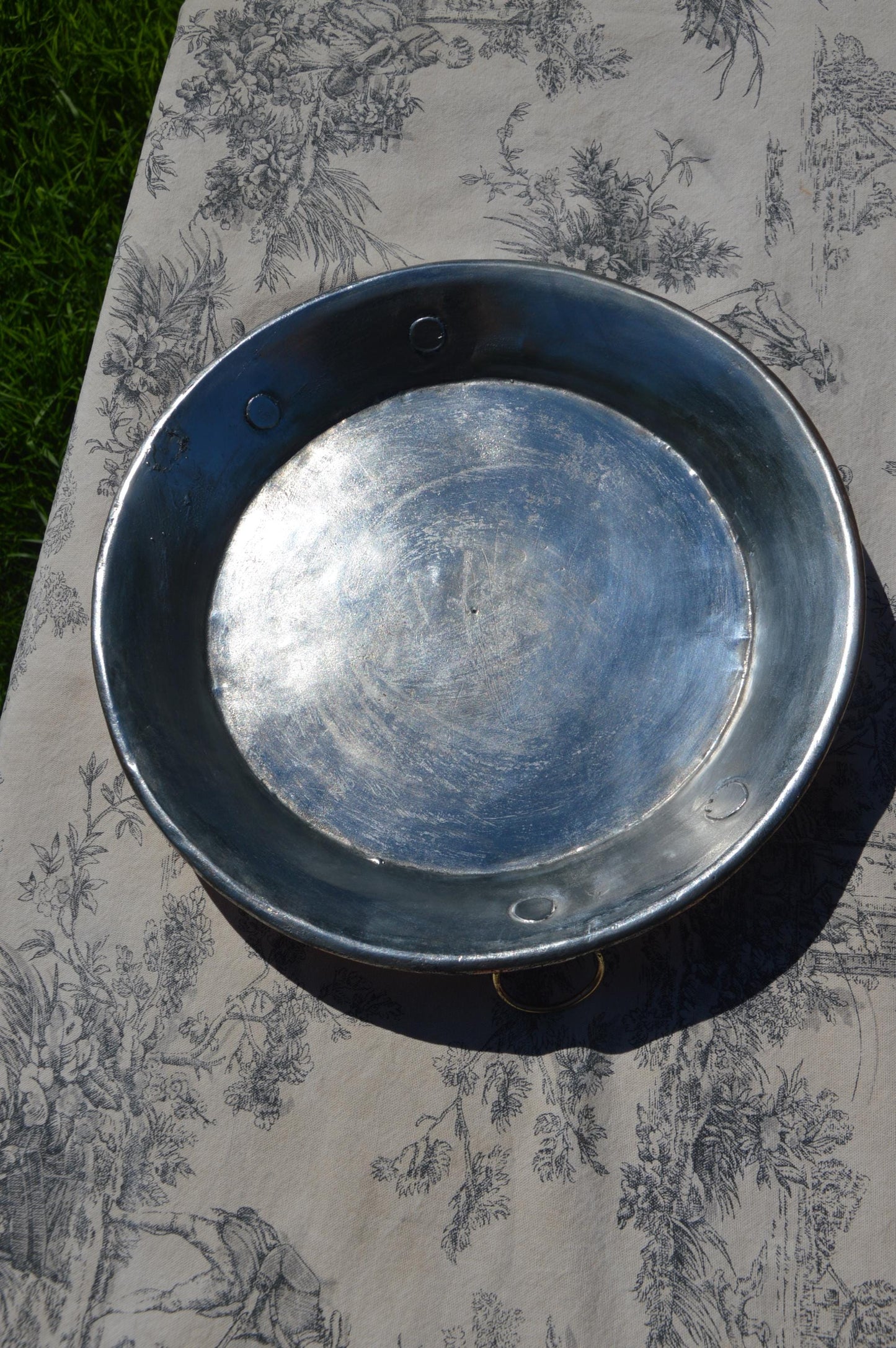 Antique Copper Gratin Oven Dish Pie Plate Tourtiere French Round New Artisan Hand Wiped Tin - Proper Antique Pan New Handles Old Rivets