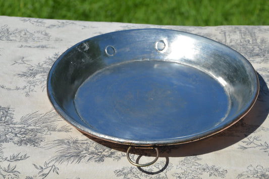 Antique Copper Gratin Oven Dish Pie Plate Tourtiere French Round New Artisan Hand Wiped Tin - Proper Antique Pan New Handles Old Rivets
