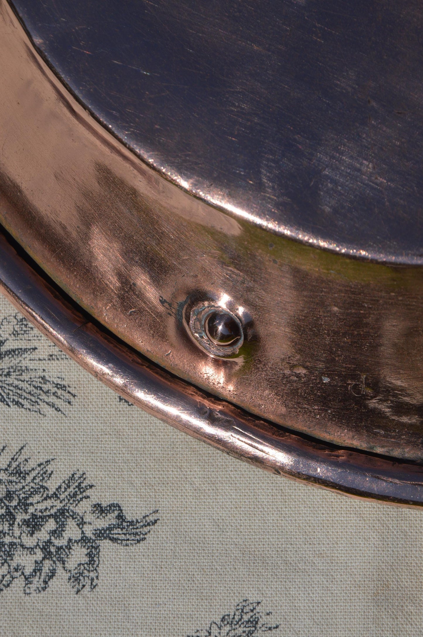 Antique Copper Gratin Oven Dish Pie Plate Tourtiere French Round New Artisan Hand Wiped Tin - Proper Antique Pan New Handles Old Rivets