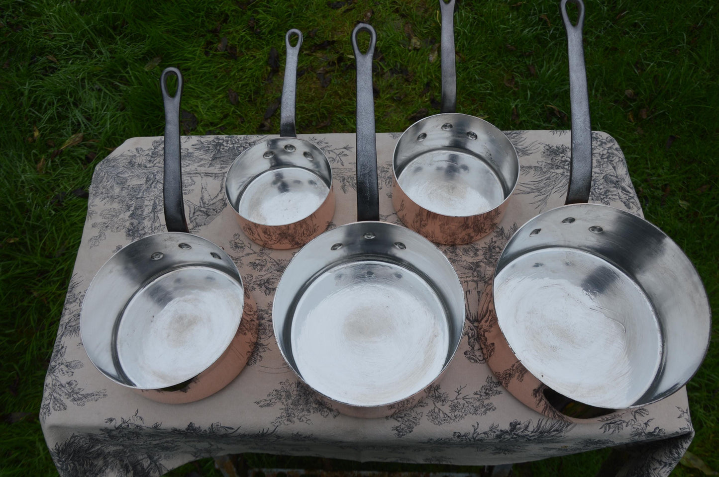 Havard of Villedieu Copper Pans New Hand Wiped Tin Lined Artisan Five 1-1.5mm Vintage French Professional France Made Graduated Pots Handle