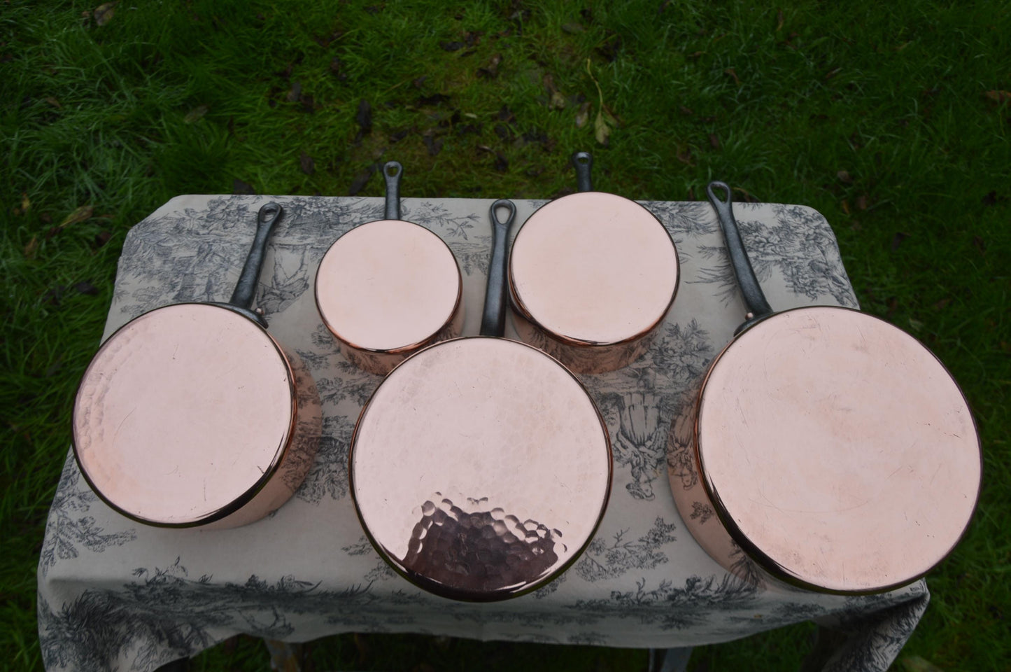 Havard of Villedieu Copper Pans New Hand Wiped Tin Lined Artisan Five 1-1.5mm Vintage French Professional France Made Graduated Pots Handle