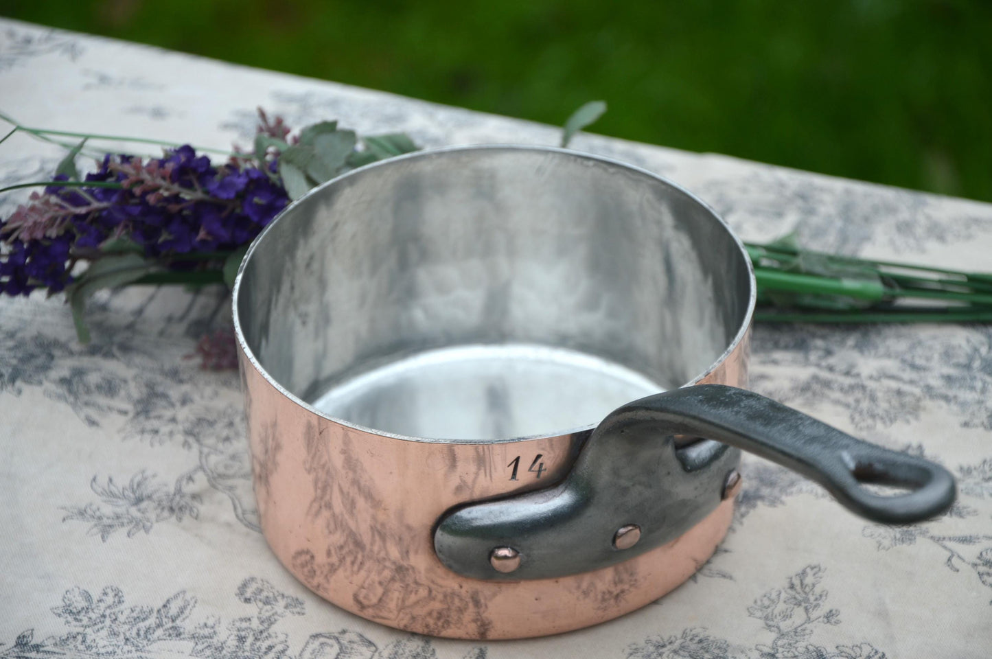 Antique 1.7mm 14cm 5 1/2" 853 grams 1lbs 14.1 ozs New Artisan Tin French Pan Forged Iron Handle Ideal Butter or Saucepan  Refurbished