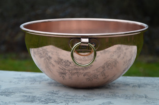 Made in France Vintage French Copper Full Round Mixing Bowl Brass Ring Hanger Stamped 27.5cm 10 3/4in Well Used Copper Bowl Older Style