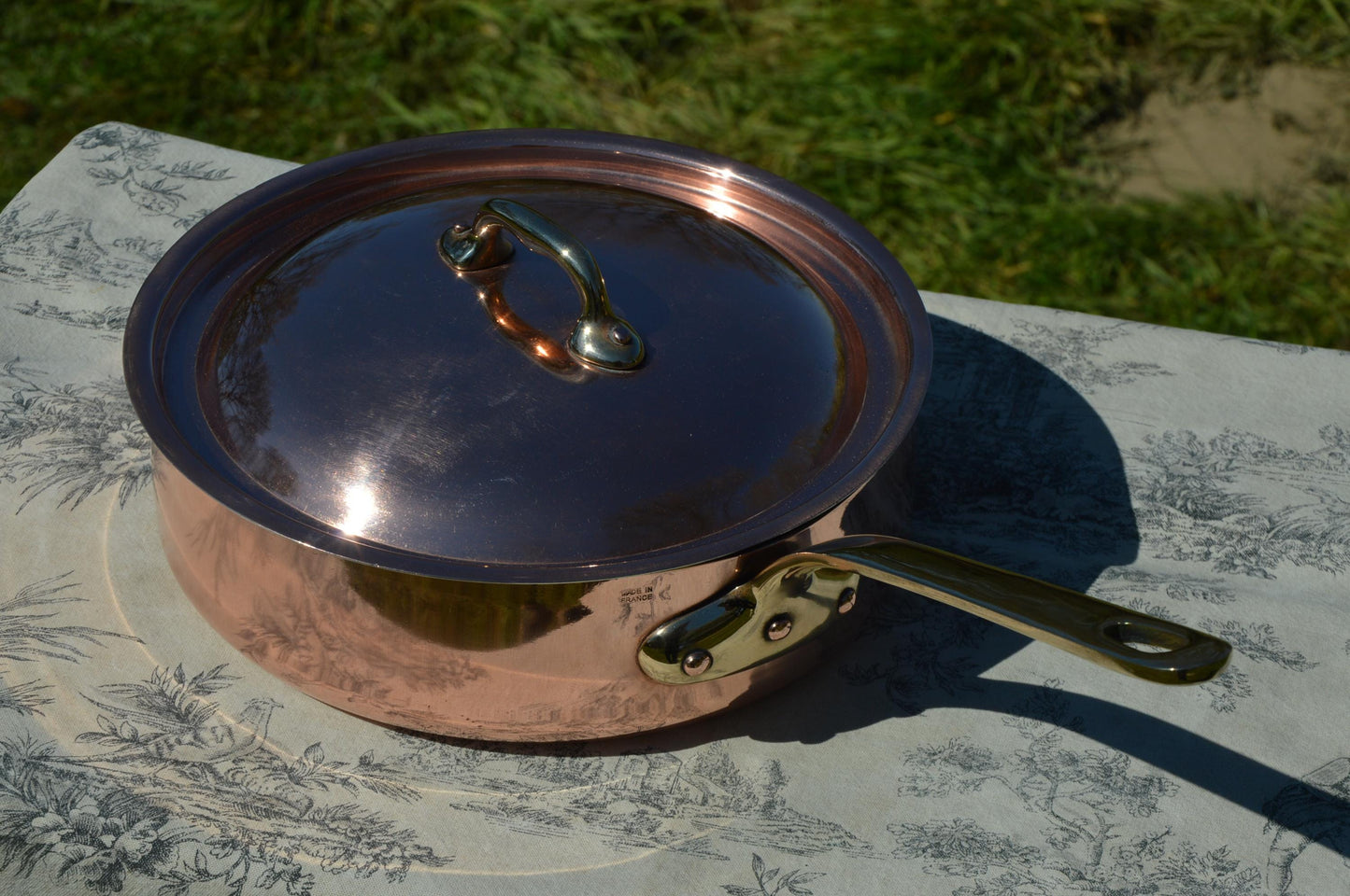 Vintage Saute Pan New Tin Villedieu 1.6mm French Copper Pan 24cm 9 1/2" Professional Saute Bronze Handles Lid Quality New Villedieu Tin