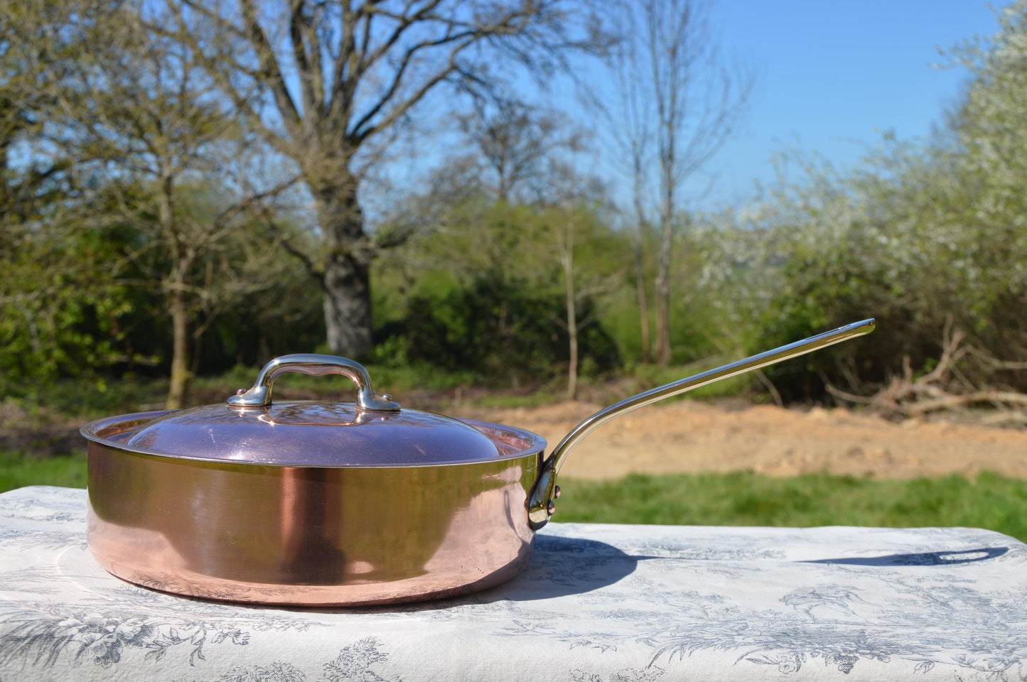 Vintage Saute Pan New Tin Villedieu 1.6mm French Copper Pan 24cm 9 1/2" Professional Saute Bronze Handles Lid Quality New Villedieu Tin