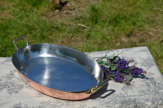 Gaillard Gratin Pan French Copper Pan Big Vintage New Tin Oven Dish Oval 36cm 14 1/8 Inches Copper Pans Copper Rivets Bronze Handles