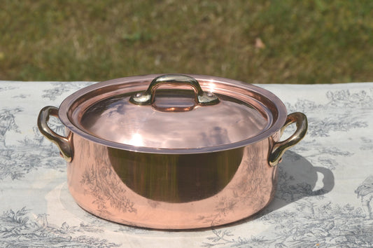 Vintage French Copper Casserole Pan Pot Dutch Oven Lid New Hand Wiped Tin Cocotte Faitout 1.8mm Oval 20cm 8" Made In France Villedieu Made