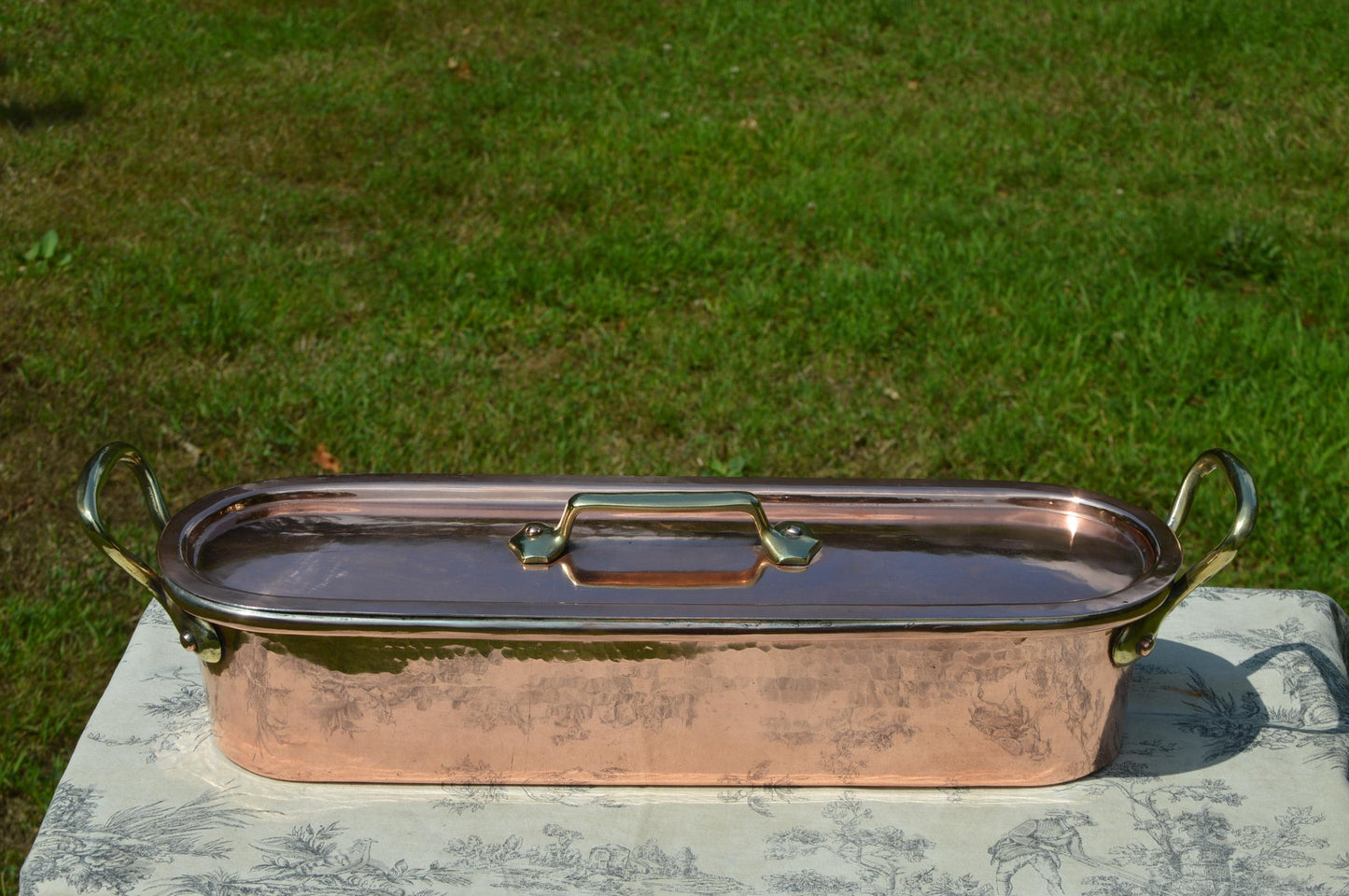 Antique French Copper Pan Pot New Hand Wiped Tin Cast Bronze Handle Fish Kettle Fish Poacher Insert Tray Poissonniere Fish Pan Rolled Rim