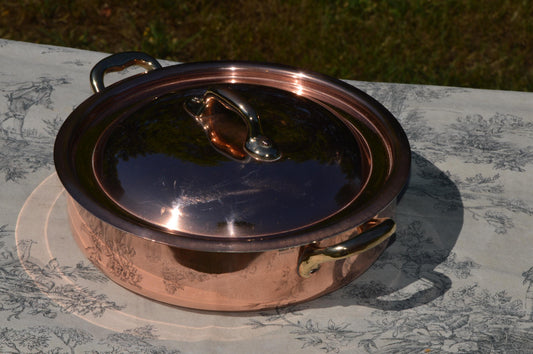 Copper Rondeau Plat à Sauter à Deux Poignée New Tin Villedieu Made Vintage Copper Pot Baby Rondeau Lid 1.8mm Round 20cm 8"