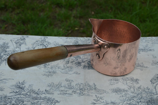 Antique Dehillerin 2mm Copper Sugar Pan Paris Early 20th Century Marque Antique Pan All Copper Wooden Handle Copper Rivets 12cm 4 3/4 inches