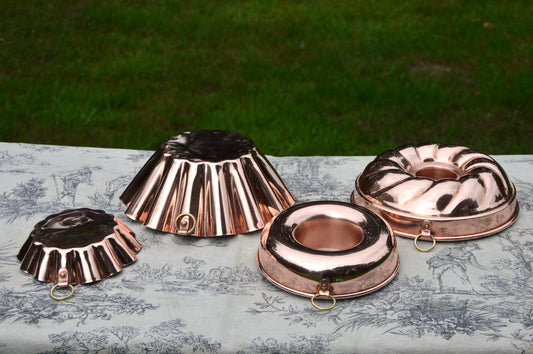 Four Vintage Copper Moulds Villedieu Blancmange Sponge Cake Mold Mould French Made in France Villedieu Les Poeles France Tin Lined