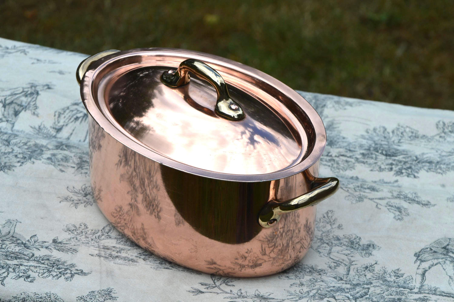 Vintage French Copper Casserole Pan Pot Dutch Oven Lid New Hand Wiped Tin Cocotte Faitout 1.8mm Oval 20cm 8" Made In France Villedieu Made